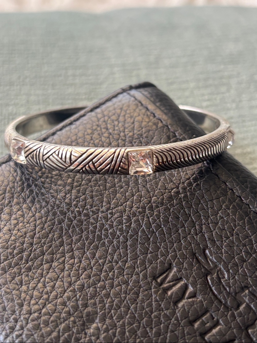Brighton Acoma Silver-Tone Etched Bangle with 6 Clear Crystals